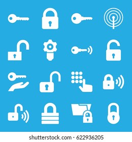 Password icons set. set of 16 password filled icons such as lock, opened lock, key, key on hand, gear keyhole, hand on atm