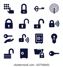 Password icons set. set of 16 password filled icons such as lock, safe, opened lock, keyhole, key on hand, key, safe, hand on atm