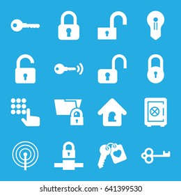 Password icons set. set of 16 password filled icons such as lock, opened lock, safe, key, heart key, keyhole, hand on atm