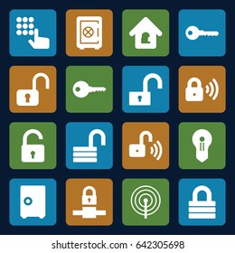 Password icons set. set of 16 password filled icons such as opened lock, safe, key, lock, keyhole, safe