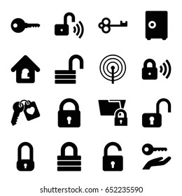 Password icons set. set of 16 password filled icons such as lock, opened lock, heart key, key on hand, key, safe