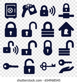 Password icons set. set of 16 password filled icons such as lock, opened lock, safe, key, heart key