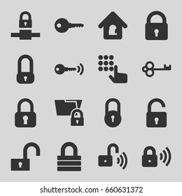 Password icons set. set of 16 password filled icons such as lock, opened lock, key, hand on atm