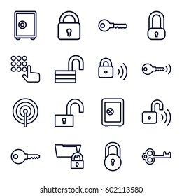 password icons set. Set of 16 password outline icons such as lock, Safe, key, opened lock, safe, hand on atm