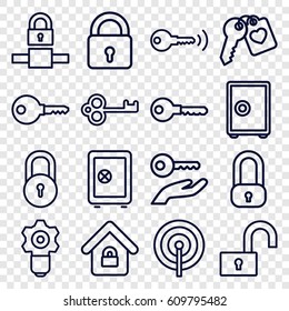 Password icons set. set of 16 password outline icons such as lock, Safe, key, heart key, lock home, key on hand, gear keyhole