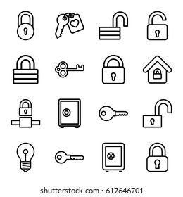 Password icons set. set of 16 password outline icons such as lock, opened lock, Safe, key, heart key, lock home, safe