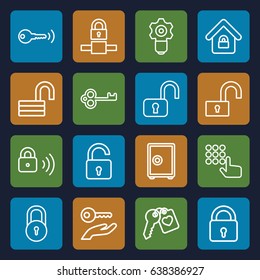 Password icons set. set of 16 password outline icons such as lock, opened lock, heart key, key, key on hand, gear keyhole, safe