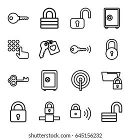Password icons set. set of 16 password outline icons such as lock, safe, opened lock, heart key, key, safe, hand on atm