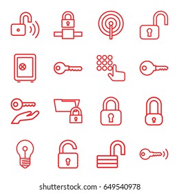 Password icons set. set of 16 password outline icons such as opened lock, safe, key, opened security lock, key on hand, hand on atm, folder protection