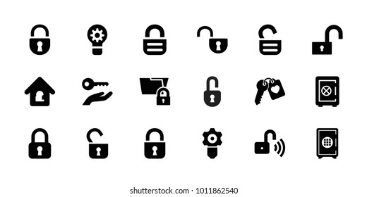 Password icons. set of 18 editable filled password icons: safe, lock, gear keyhole, heart key, folder protection, lock home