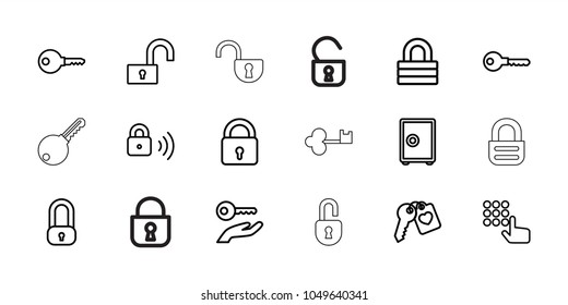 Password icons. set of 18 editable outline password icons: lock, key, safe, hand on atm, heart key, security lock