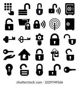Password icons. set of 25 editable filled password icons such as lock, opened lock, safe, key, safe, gear keyhole, keyhole, folder protection, key on hand, hand on atm