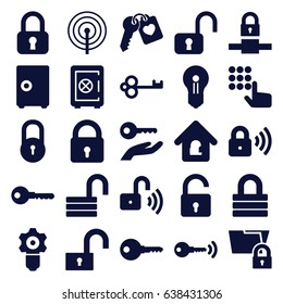 Password icons set. set of 25 password filled icons such as lock, opened lock, safe, key, heart key, keyhole, key on hand, gear keyhole, safe, hand on atm