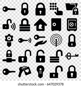 Password icons set. set of 25 password filled icons such as lock, opened lock, safe, key, heart key, keyhole, key on hand, gear keyhole, safe, hand on atm