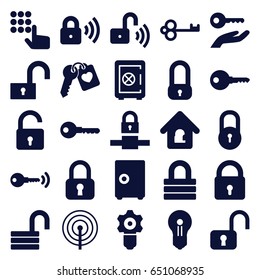 Password icons set. set of 25 password filled icons such as lock, opened lock, safe, key, heart key, keyhole, key on hand, gear keyhole, safe