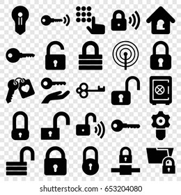Password icons set. set of 25 password filled icons such as lock, opened lock, safe, key, heart key, keyhole, key on hand, gear keyhole, hand on atm