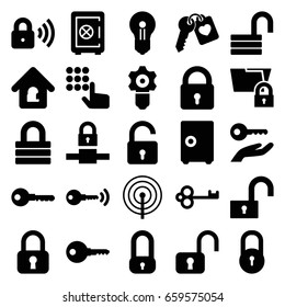 Password icons set. set of 25 password filled icons such as lock, opened lock, safe, key, heart key, keyhole, key on hand, gear keyhole, safe, hand on atm