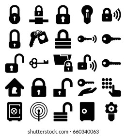 Password icons set. set of 25 password filled icons such as lock, safe, key, opened lock, heart key, keyhole, key on hand, gear keyhole, safe, hand on atm