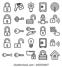 Password icons set. set of 25 password outline icons such as lock, opened lock, safe, key, heart key, key on hand, gear keyhole, safe, hand on atm, folder protection