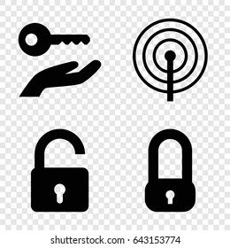 Password icons set. set of 4 password filled icons such as opened lock, key on hand
