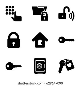 Password icons set. set of 9 password filled icons such as lock, Safe, key, heart key, lock home, opened security lock, hand on atm