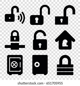 Password icons set. set of 9 password filled icons such as opened lock, safe, lock