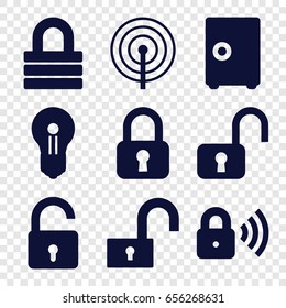 Password icons set. set of 9 password filled icons such as opened lock, lock, keyhole