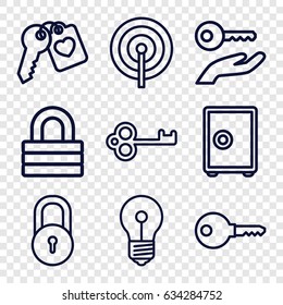 Password icons set. set of 9 password outline icons such as lock, heart key, key, key on hand, safe