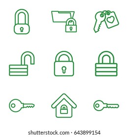 Password icons set. set of 9 password outline icons such as lock, key, opened lock, heart key, lock home