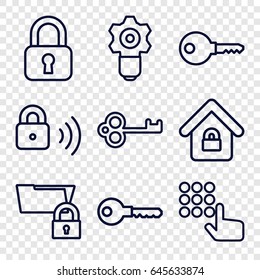 Password icons set. set of 9 password outline icons such as key, lock home, security lock, gear keyhole, lock, hand on atm