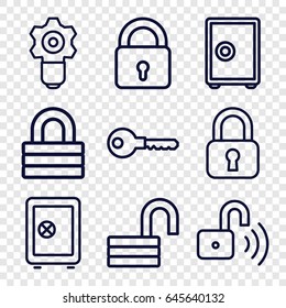 Password icons set. set of 9 password outline icons such as lock, safe, key, opened lock, opened security lock, gear keyhole