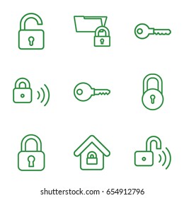 Password icons set. set of 9 password outline icons such as lock, opened lock, key