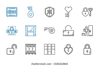 password icons set. Collection of password with lock, padlock, locker, lockers, unlocked, key, access, security, safebox. Editable and scalable password icons.