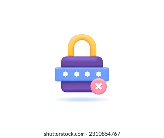 The password is incorrect and insecure. issues and failures in security and protection systems. account security and user privacy protection. codes, padlocks, and cross marks. symbols or icons. 3d