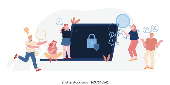 Password and Information Defend Concept. Users at Huge Laptop with Padlock and Shield on Screen Suffering about Lost Account Pin Code. Happy Person Run with Key. Cartoon Flat Vector Illustration
