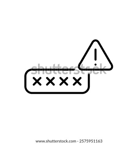 Password in input box covered by asterisks. Login protection warning, weak password risk alert. Unauthorized authentication attempt. Pixel perfect vector icon