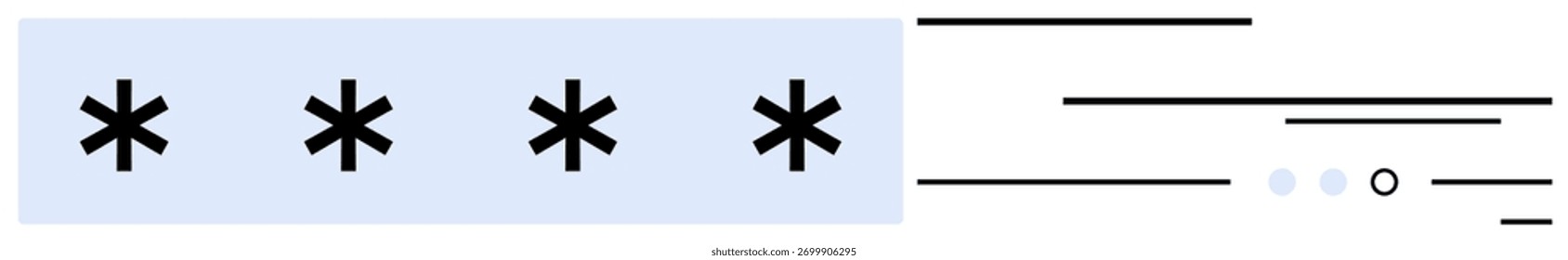 Um campo de entrada de senha preenchido com asteriscos, acompanhado por linhas e indicadores de andamento. Ideal para aplicativos, telas de login, tutoriais de segurança, proteção de dados, design de interface do usuário, desenvolvimento para Web, educação