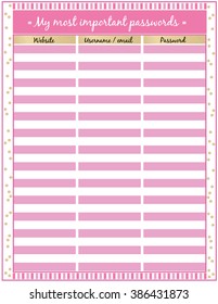 Password keeper printable sheet for keeping track of your important passowrds,vector design pink and glam