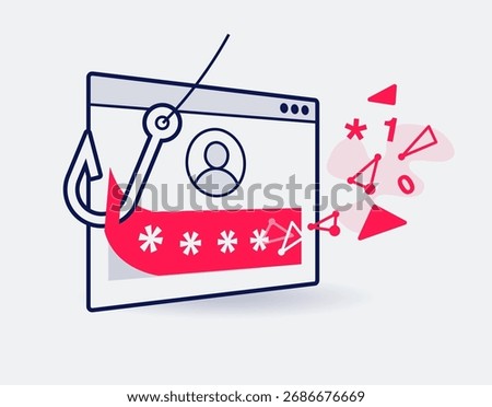 Password leak symbol with a login screen and fishing hook stealing someone's personal password. Easy to use for your website or presentation.