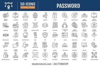 Password line icon set. Containing login, access, secure, passcode, encryption, code and more. Vector Illustration