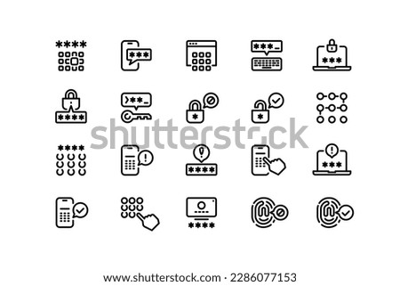 Password line icons. Authorization protection, user data application and service security, correct pin-code and password. Vector editable collection of security password login to access illustration