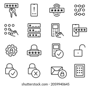 password line icons set. Contains such Key, security alert autorization, button and more. vector illustration