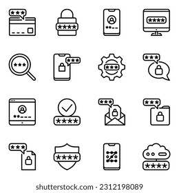 password line icons set. identification, privacy, private, secure, user, cyberspace, lined, personal, protect, safe, code, cyber, stroke, account, shield, key, page, enter, pass, security