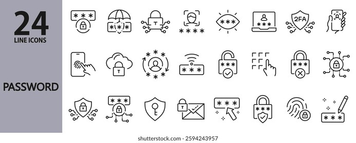 Password line icons set with Security, Safety, Protection, Technology, Access, Protected, Email and more. Editable Stroke