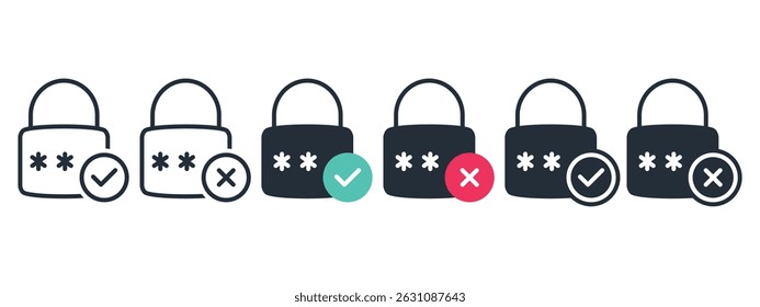 Bloqueo de Contraseña con lista de verificación e ícono cruzado. Vector de ilustración
