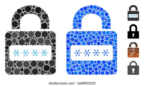 Password lock composition of filled circles in variable sizes and color hues, based on password lock icon. Vector small circles are composed into blue composition.
