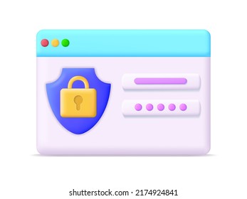 Password with lock in web form. 3d icon of internet secure. Data of account, business and file. Cyber security of information in computer. Login and key for verification, protect and safety. Vector.