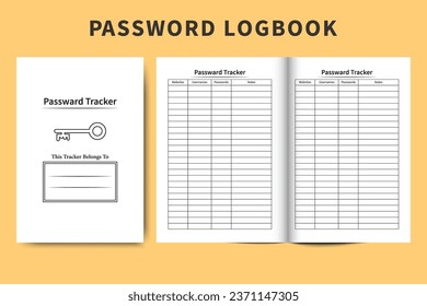 Password log book template design for websites. Simple password tracker notebook layout vector. Daily website information checker journal interior. Password tracker diary interior vector.