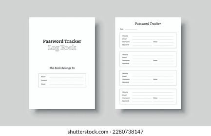 Password log book template. Website password tracker log book. Website information and password notebook interior for KDP