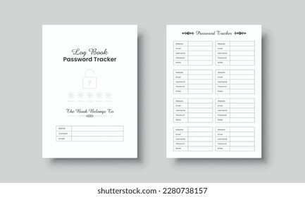 Password log book template. Website password tracker log book. Website information and password notebook interior for KDP